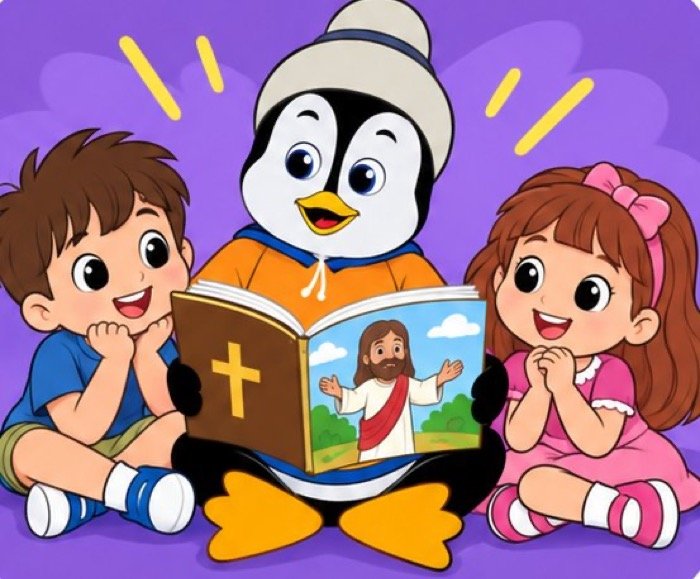 Ilustração de um pinguim lendo a Bíblia para duas crianças