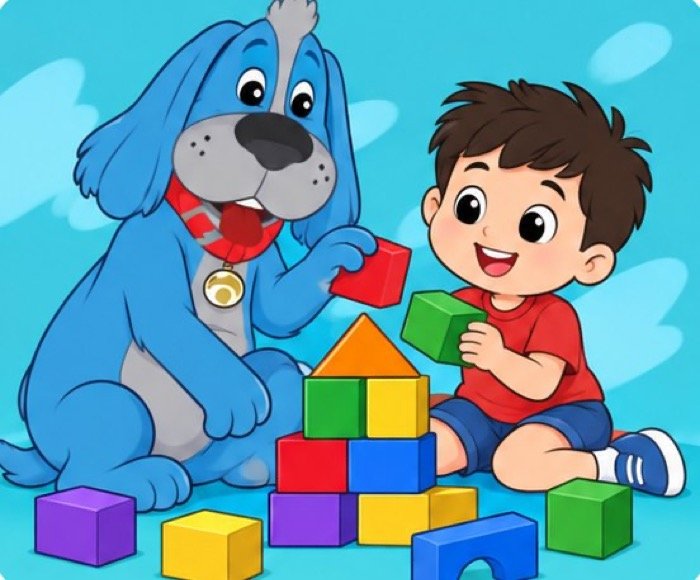Ilustração de um cachorro e um menino montando blocos coloridos