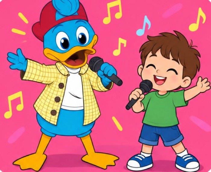Ilustração de um pato e um menino cantando ao microfone